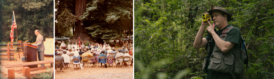 Fred van Eck speaks at a podium, People listen to a speaker, A man photographs a forest